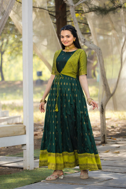 Green Pure Silk Blend with Jacket Long Gown 