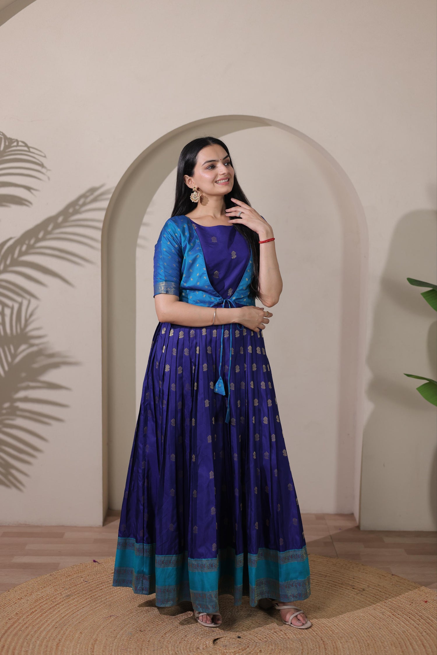 Blue Pure Silk Blend with Jacket Long Gown 