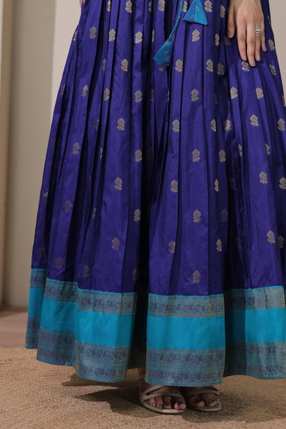 Blue Pure Silk Blend with Jacket Long Gown 