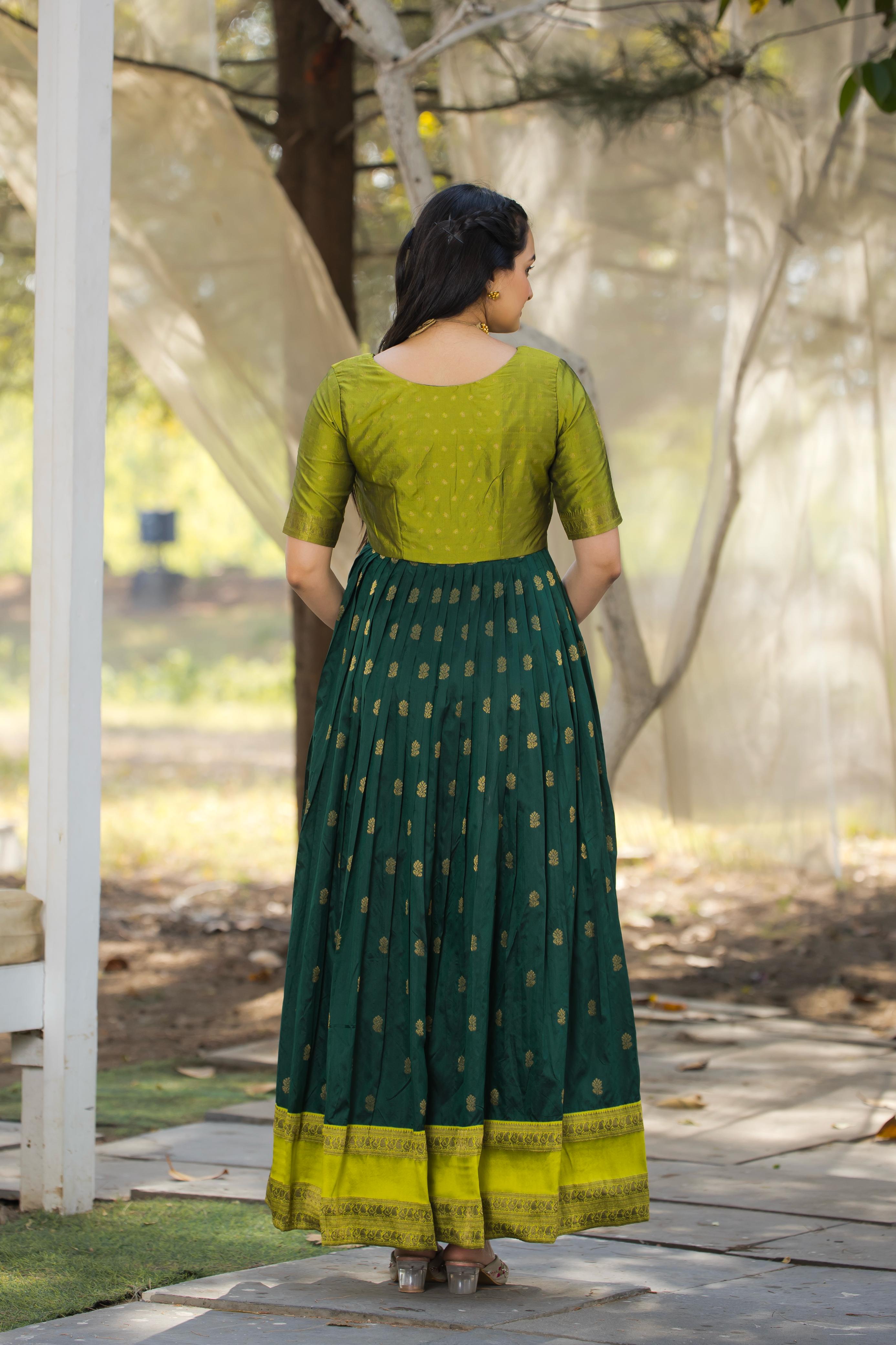 Green Pure Silk Blend with Jacket Long Gown 