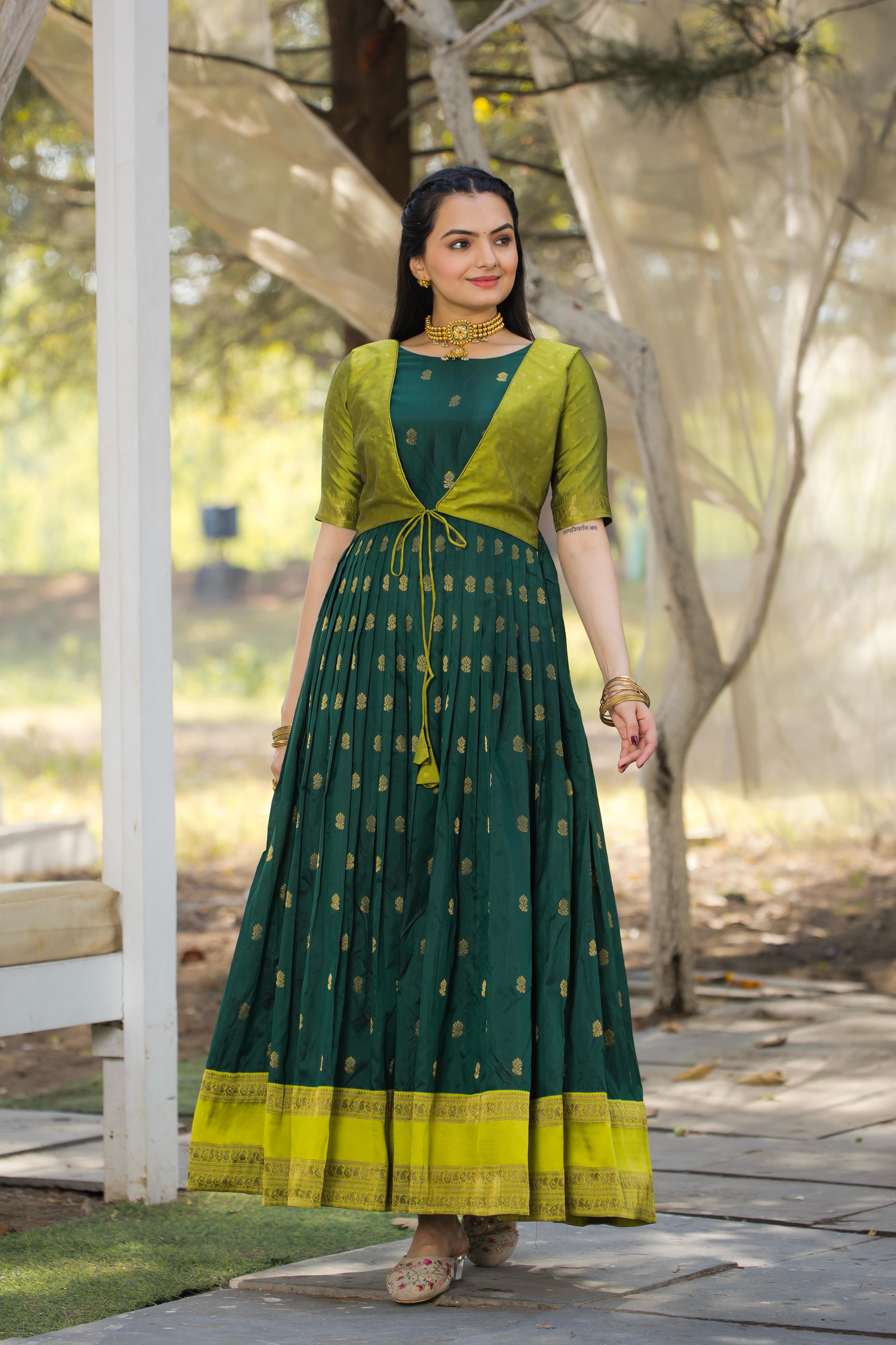 Green Pure Silk Blend with Jacket Long Gown 