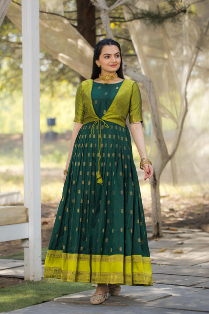 Green Pure Silk Blend with Jacket Long Gown 