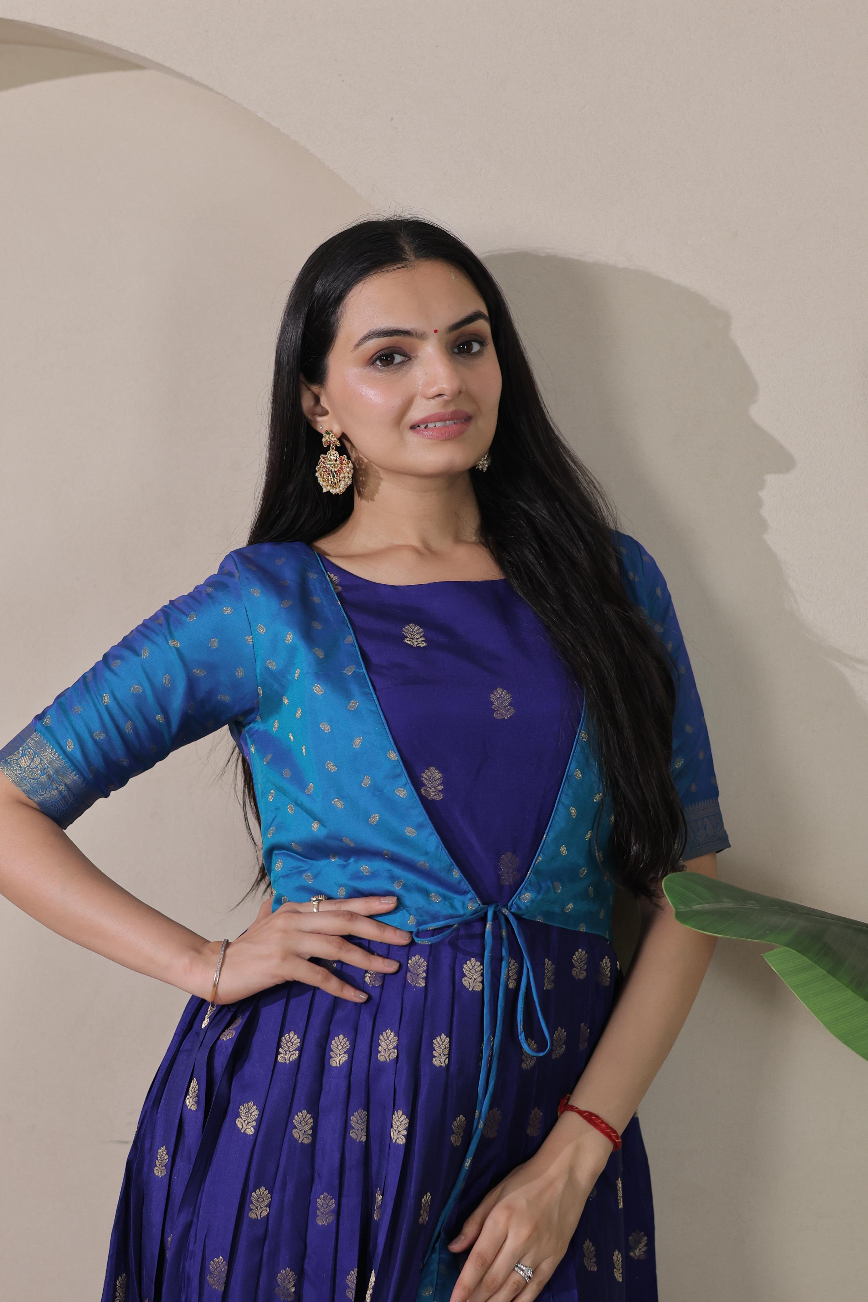Blue Pure Silk Blend with Jacket Long Gown 