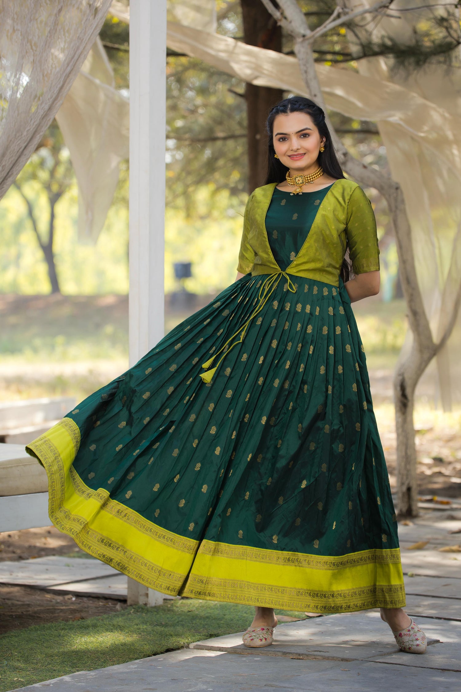 Green Pure Silk Blend with Jacket Long Gown 