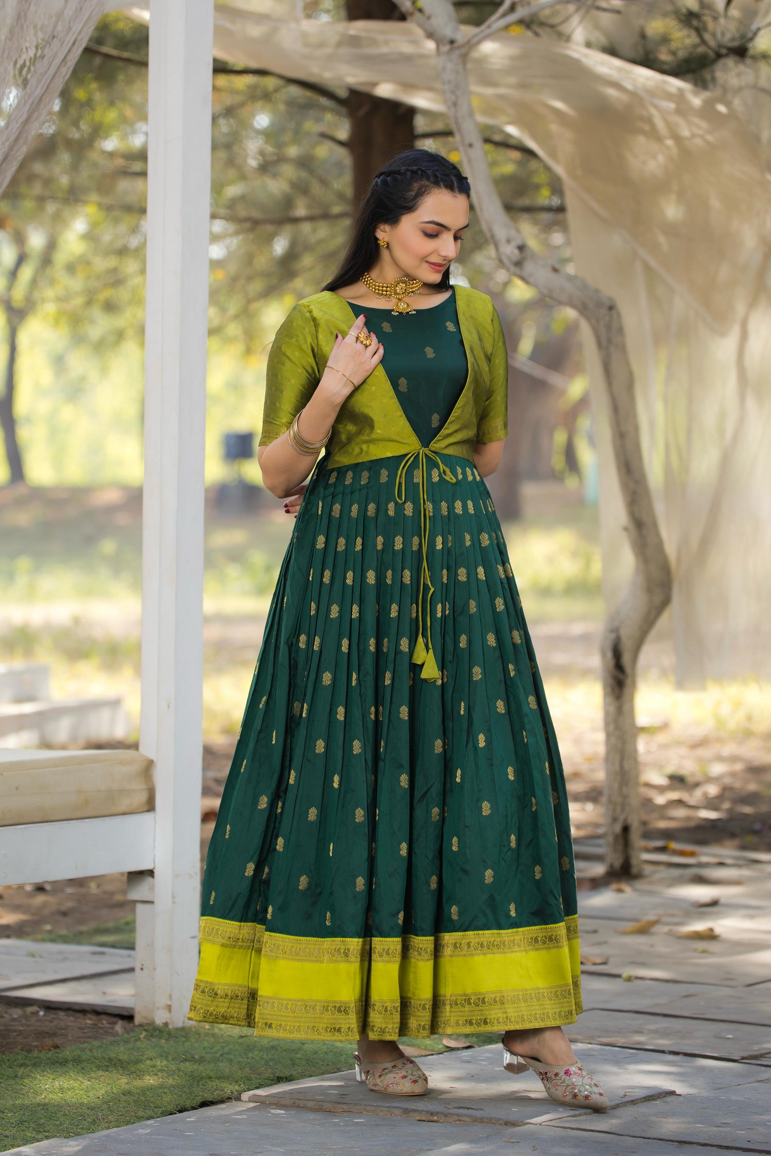 Green Pure Silk Blend with Jacket Long Gown 