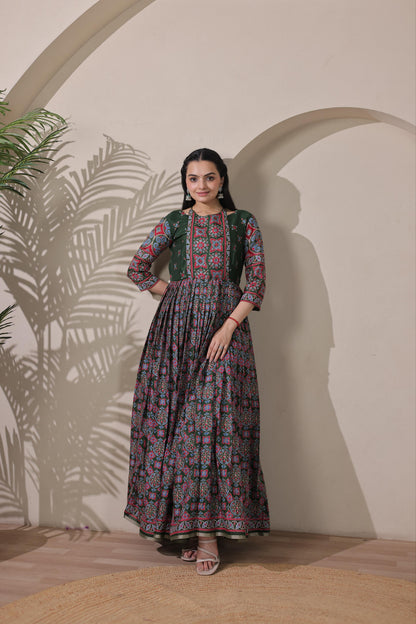 Green Pure Silk Blend with Jacket Long Gown 