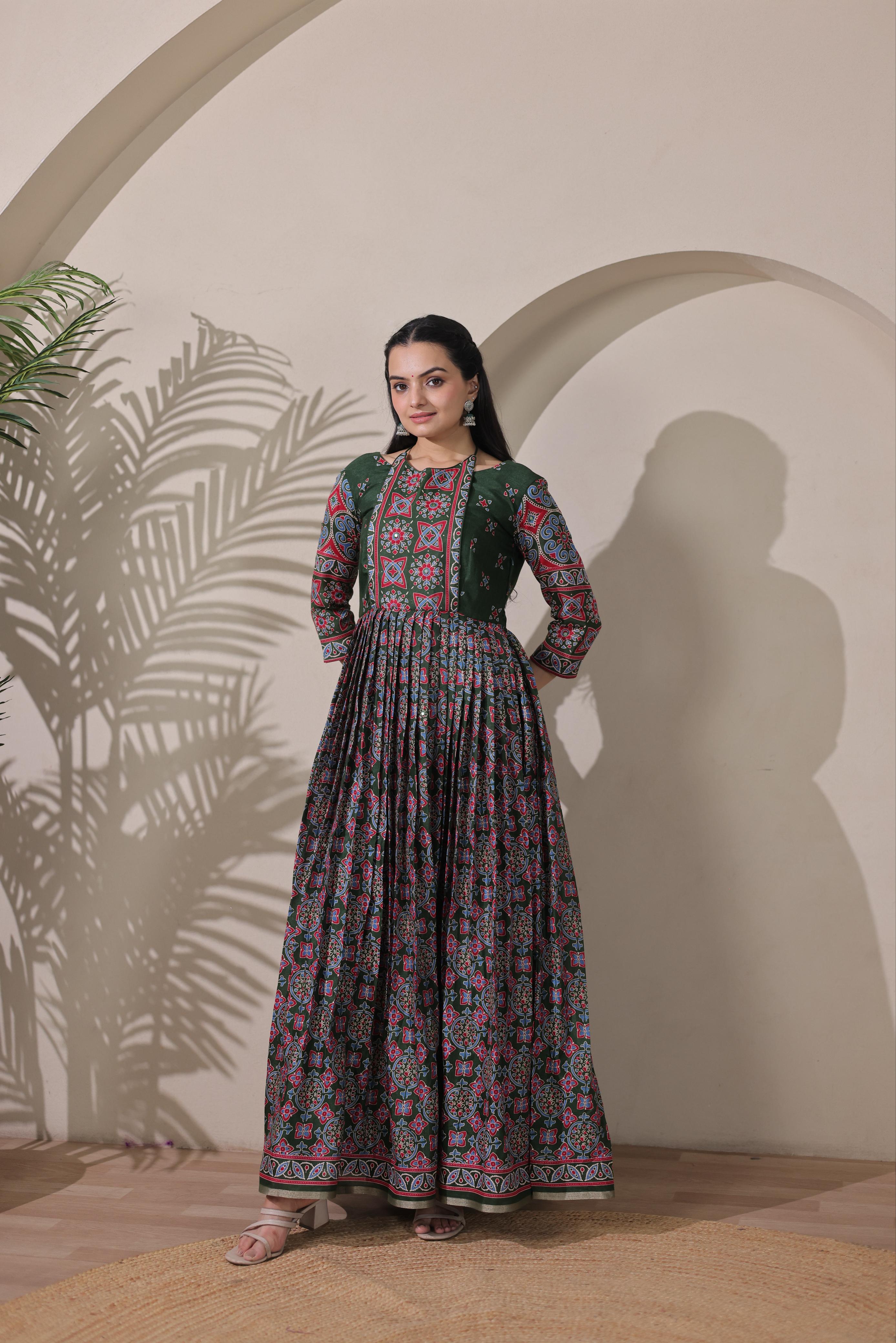 Green Pure Silk Blend with Jacket Long Gown 