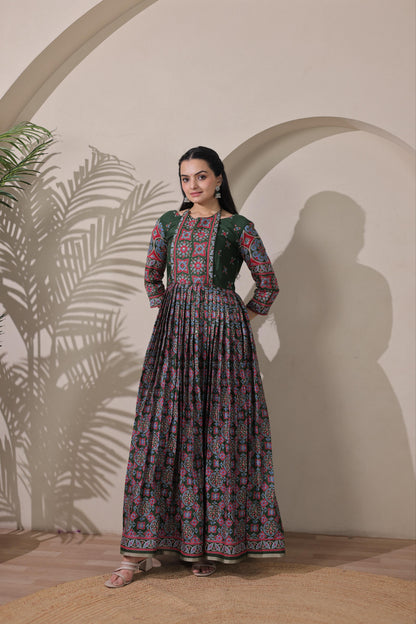Green Pure Silk Blend with Jacket Long Gown 