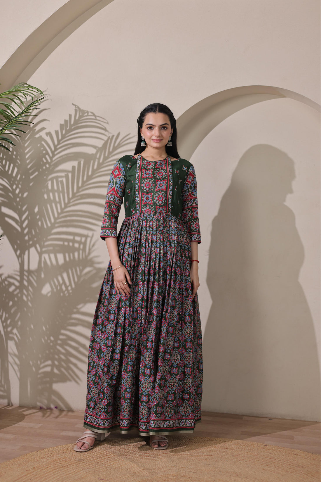 Green Pure Silk Blend with Jacket Long Gown 