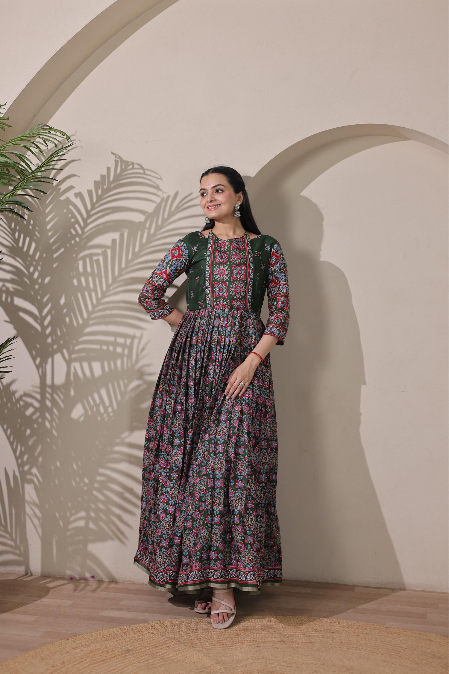 Green Pure Silk Blend with Jacket Long Gown 
