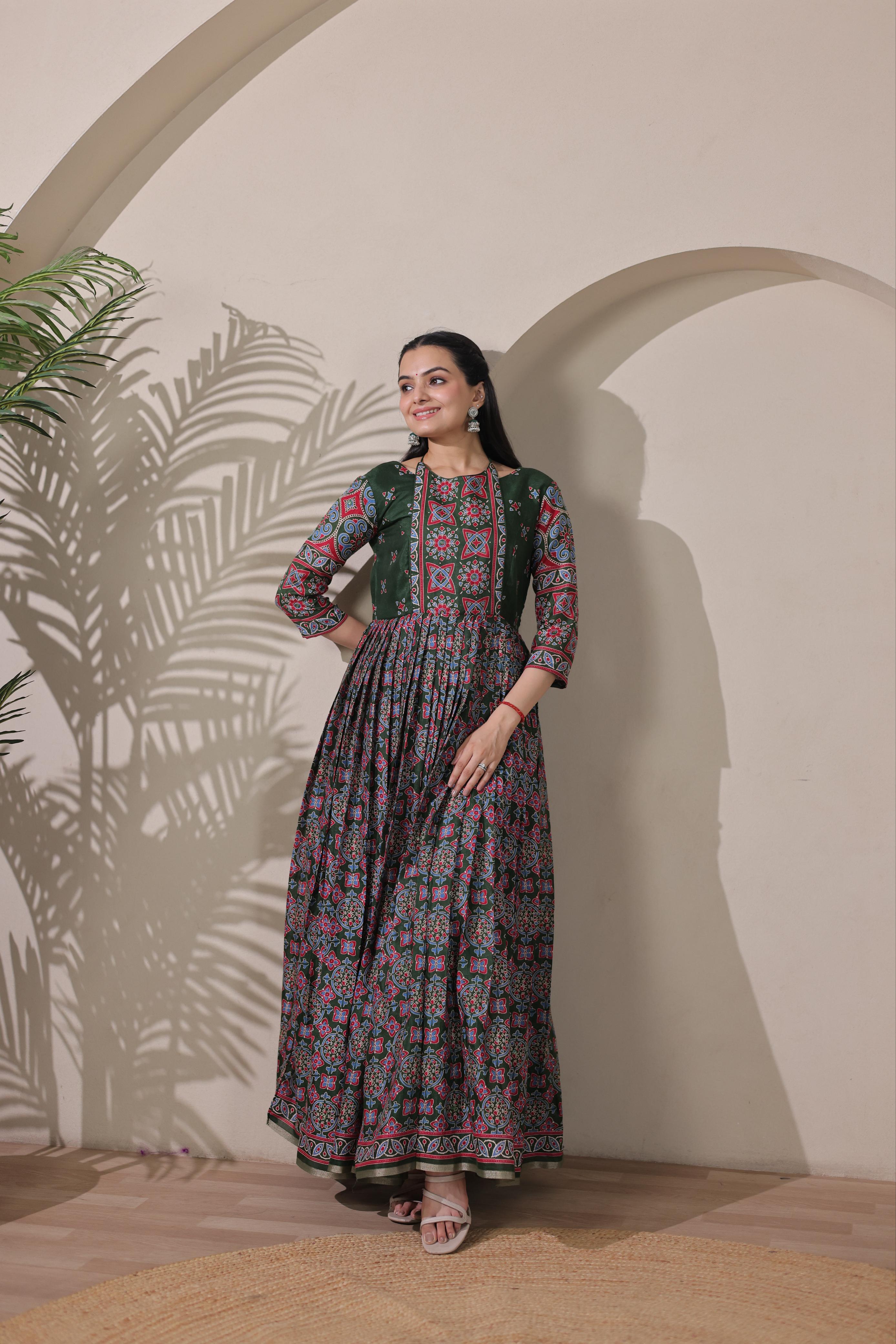 Green Pure Silk Blend with Jacket Long Gown 