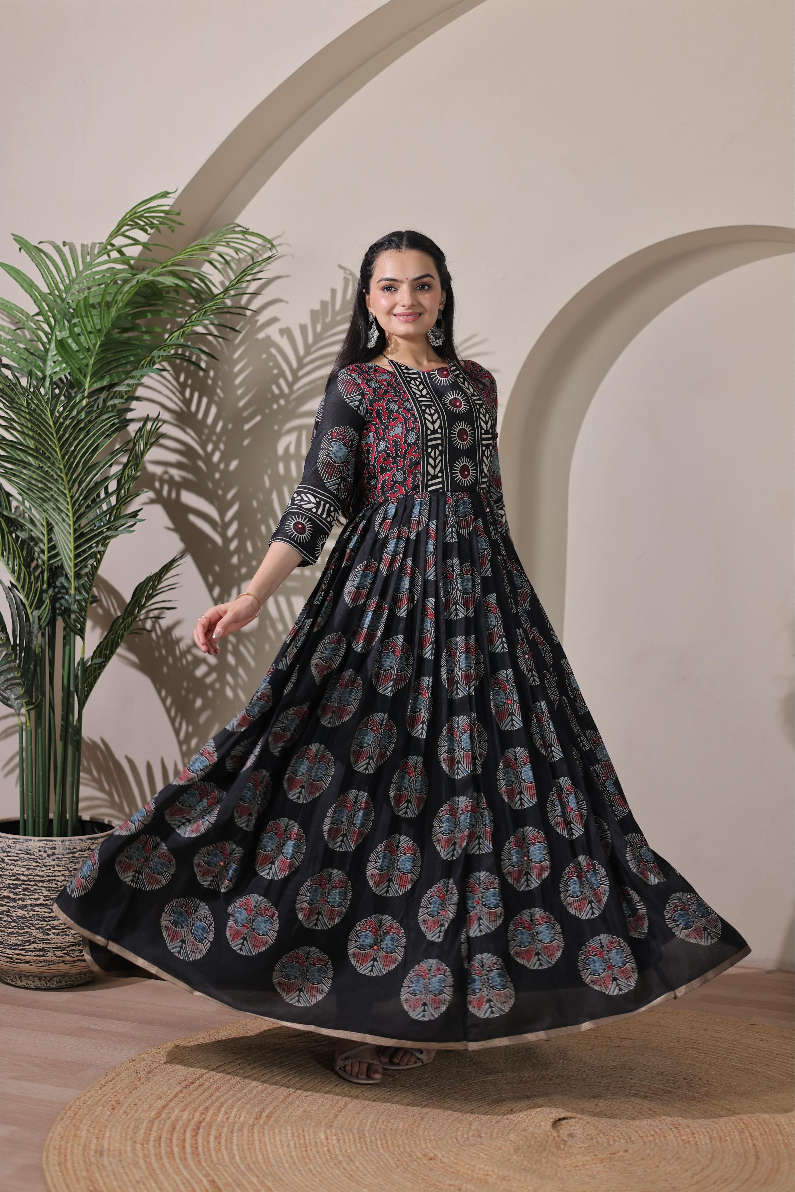 Black Pure Silk Blend with Jacket Long Gown ##color## Anarkali Gown with premium fabric and embroidery