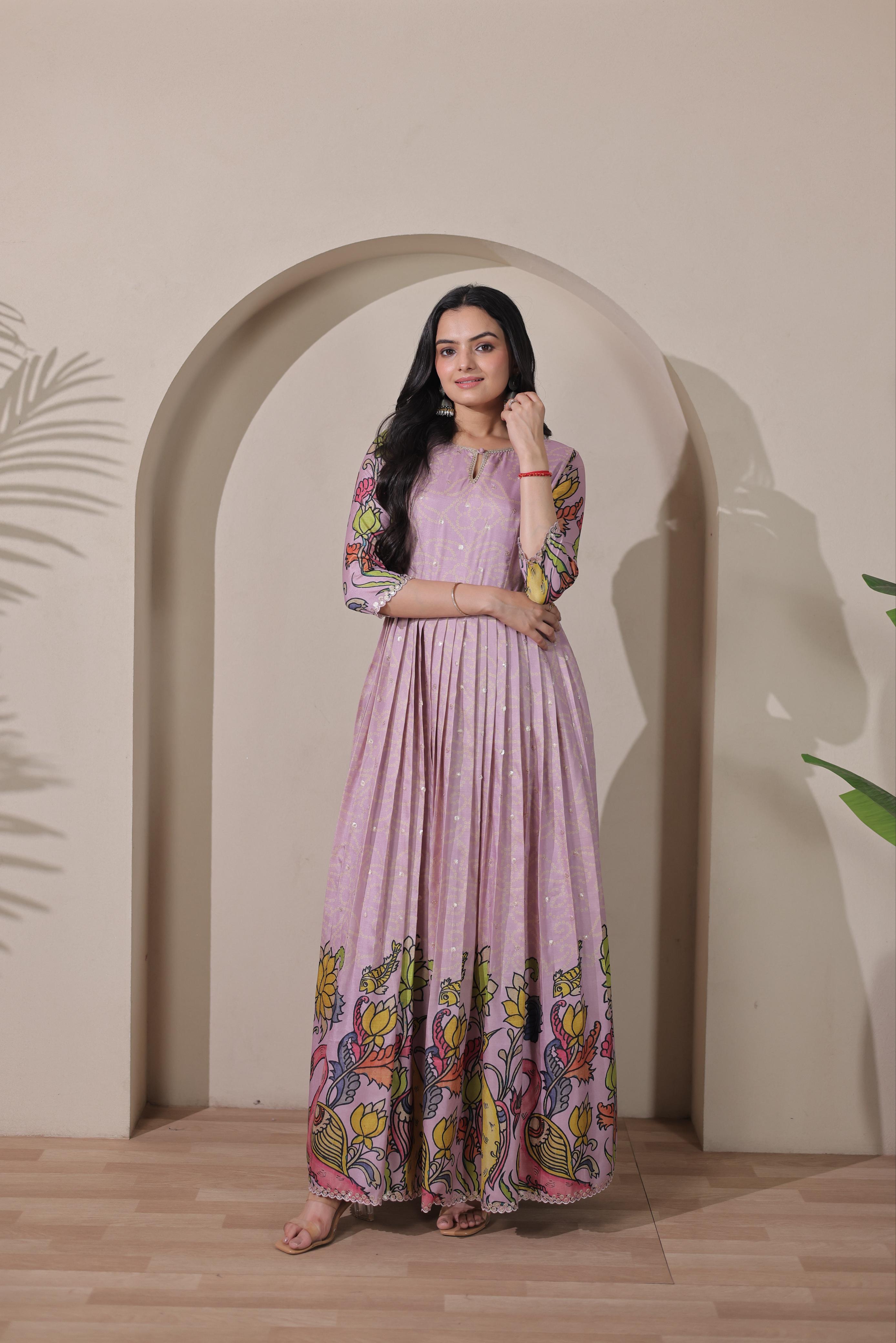 Peach Pure Silk Blend Kalamkari Print Long Gown ##color## Anarkali Gown with premium fabric and embroidery