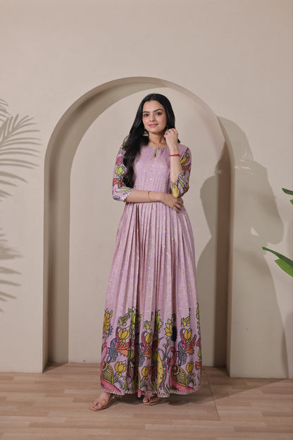Peach Pure Silk Blend Kalamkari Print Long Gown 