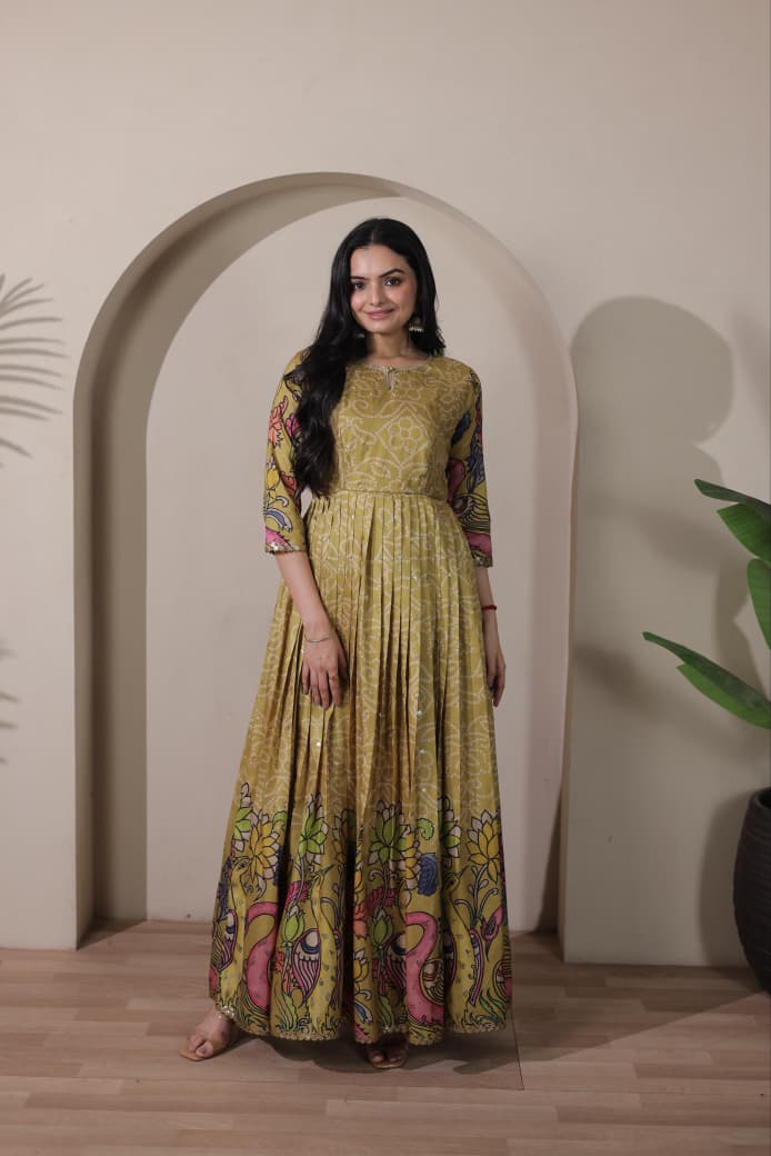 Olive Green Pure Silk Blend Kalamkari Print Long Gown 