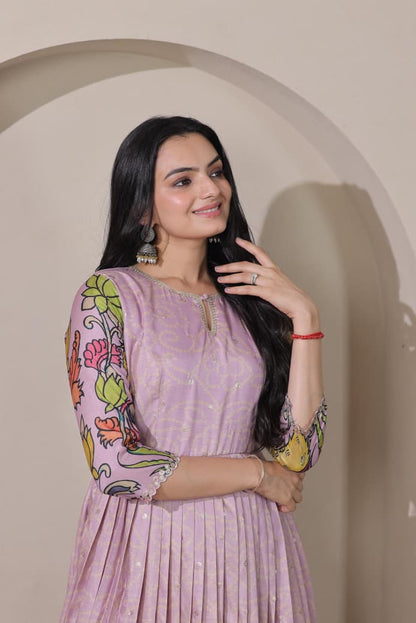 Peach Pure Silk Blend Kalamkari Print Long Gown 
