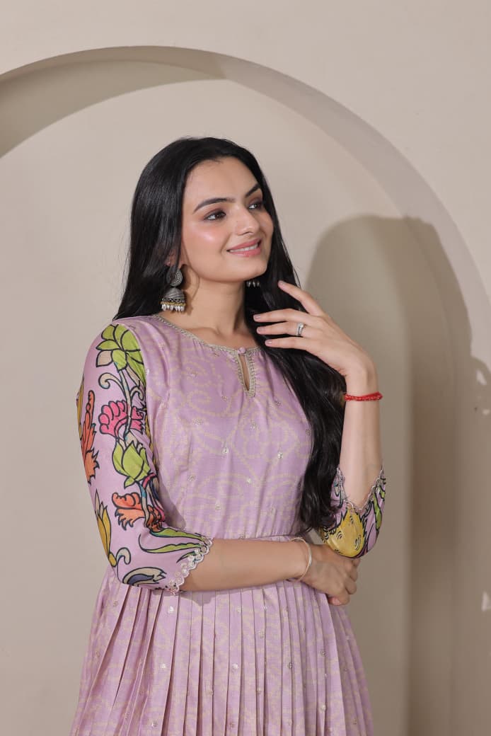 Peach Pure Silk Blend Kalamkari Print Long Gown ##color## Anarkali Gown with premium fabric and embroidery