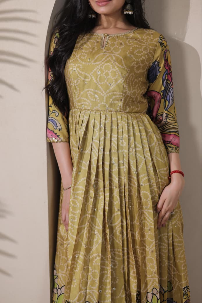 Olive Green Pure Silk Blend Kalamkari Print Long Gown 
