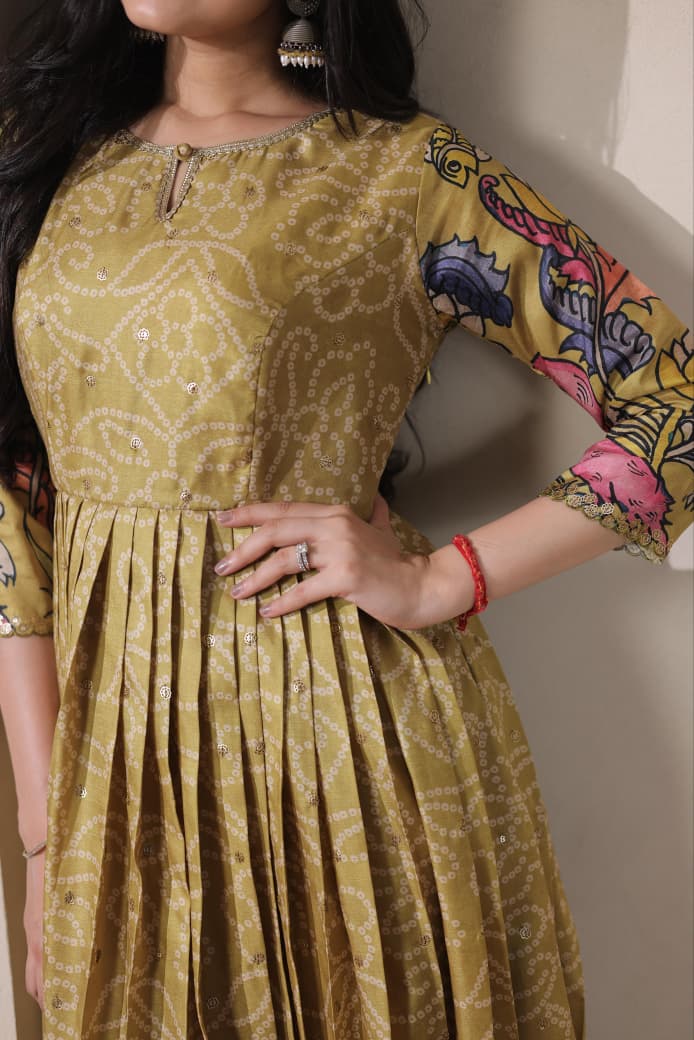 Olive Green Pure Silk Blend Kalamkari Print Long Gown ##color## Anarkali Gown with premium fabric and embroidery