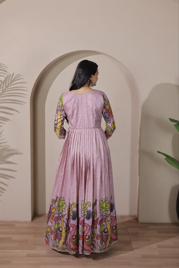 Peach Pure Silk Blend Kalamkari Print Long Gown ##color## Anarkali Gown with premium fabric and embroidery
