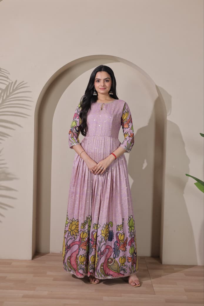 Peach Pure Silk Blend Kalamkari Print Long Gown ##color## Anarkali Gown with premium fabric and embroidery