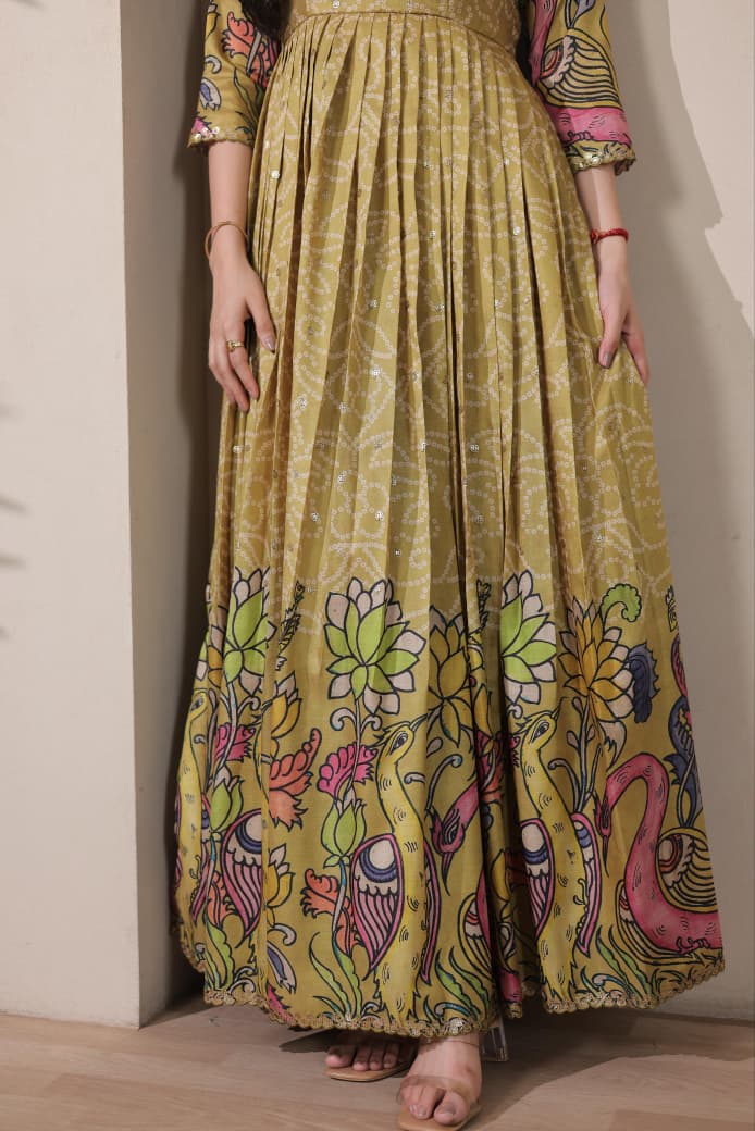Olive Green Pure Silk Blend Kalamkari Print Long Gown ##color## Anarkali Gown with premium fabric and embroidery