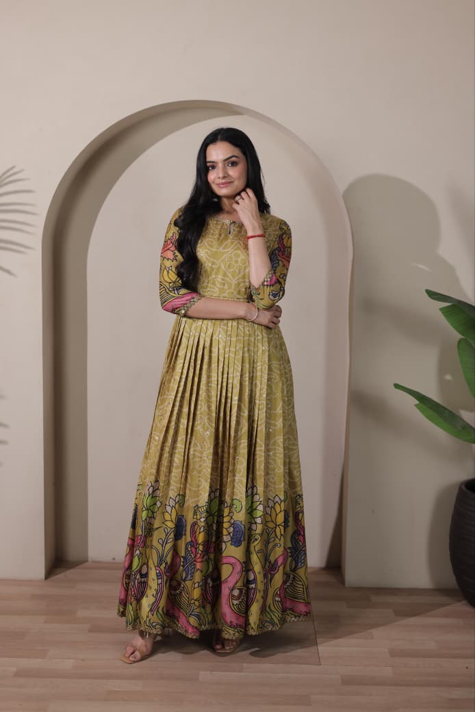 Olive Green Pure Silk Blend Kalamkari Print Long Gown ##color## Anarkali Gown with premium fabric and embroidery