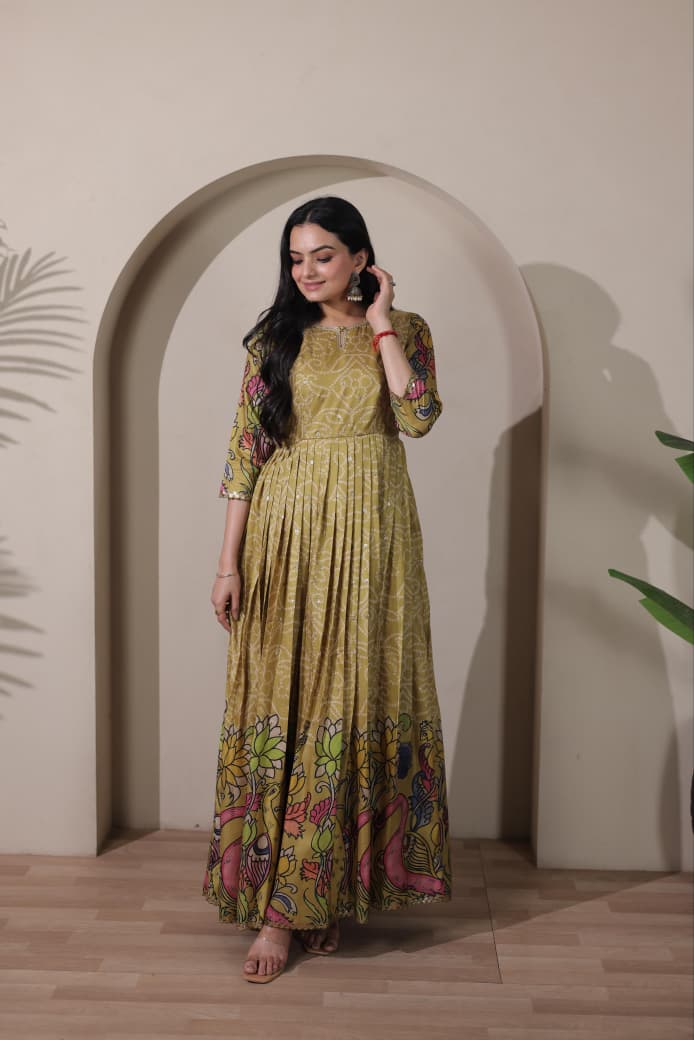 Olive Green Pure Silk Blend Kalamkari Print Long Gown 