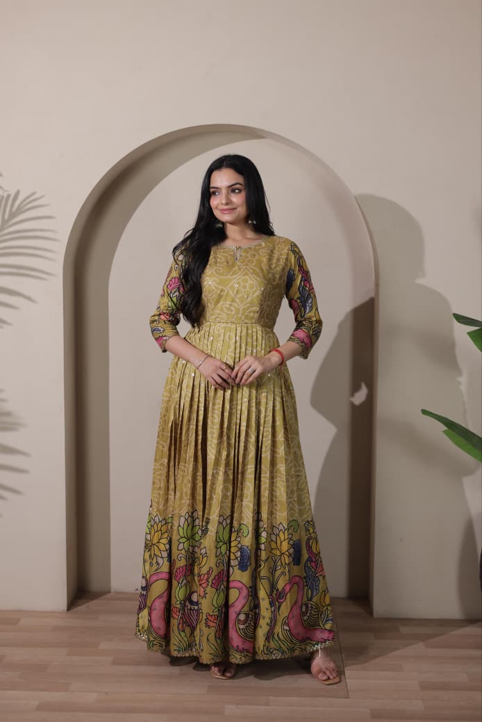Olive Green Pure Silk Blend Kalamkari Print Long Gown ##color## Anarkali Gown with premium fabric and embroidery