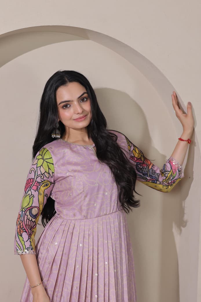 Peach Pure Silk Blend Kalamkari Print Long Gown ##color## Anarkali Gown with premium fabric and embroidery