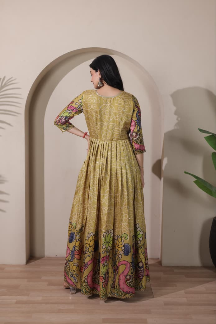 Olive Green Pure Silk Blend Kalamkari Print Long Gown ##color## Anarkali Gown with premium fabric and embroidery