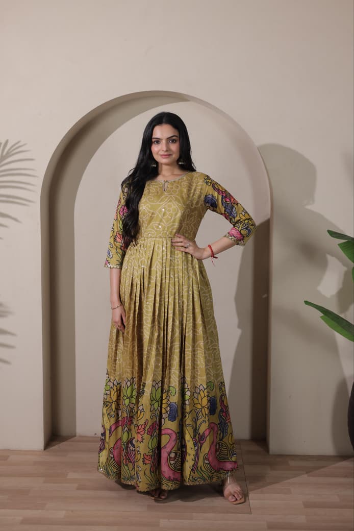 Olive Green Pure Silk Blend Kalamkari Print Long Gown 