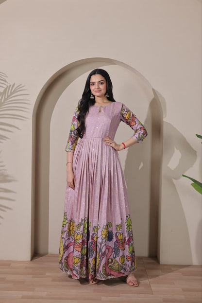 Peach Pure Silk Blend Kalamkari Print Long Gown 