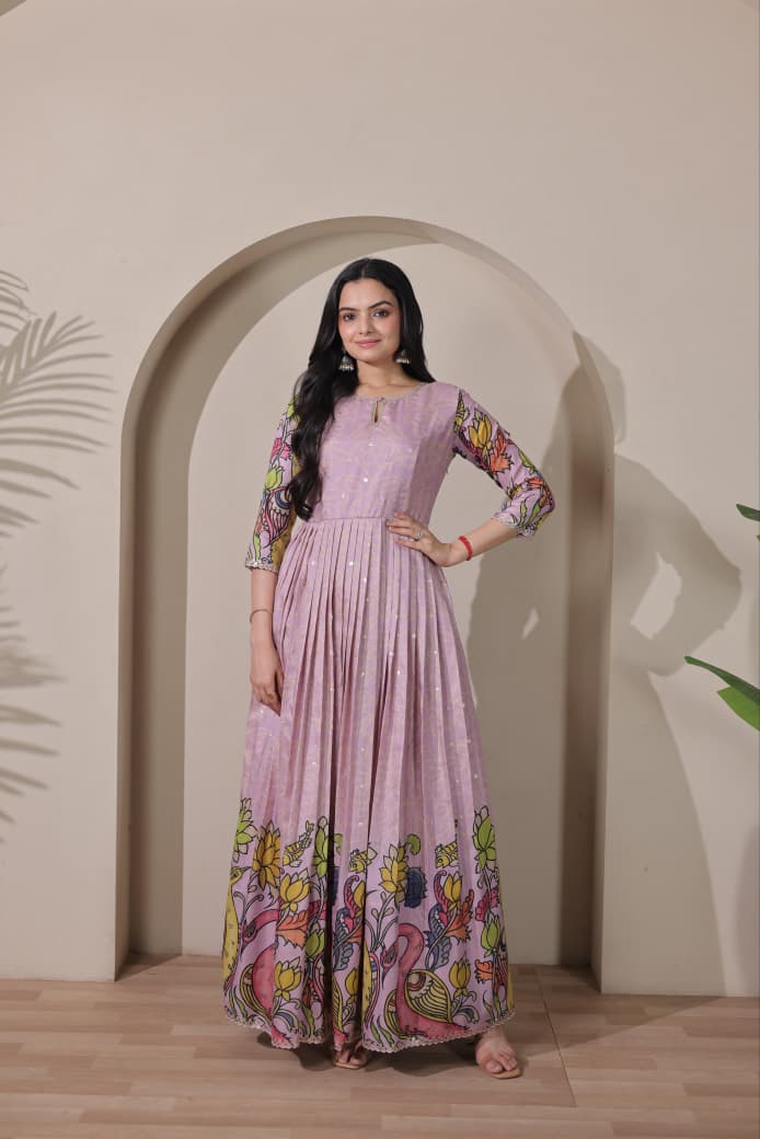 Peach Pure Silk Blend Kalamkari Print Long Gown ##color## Anarkali Gown with premium fabric and embroidery