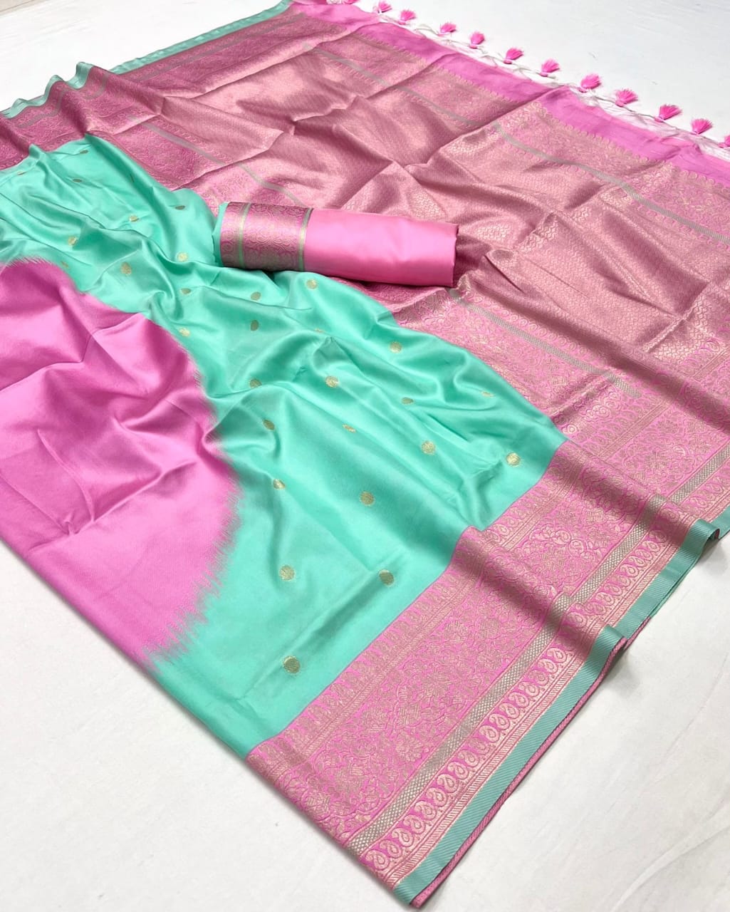 Mint Green and Pink Banarasi Handloom Banarasi Saree 