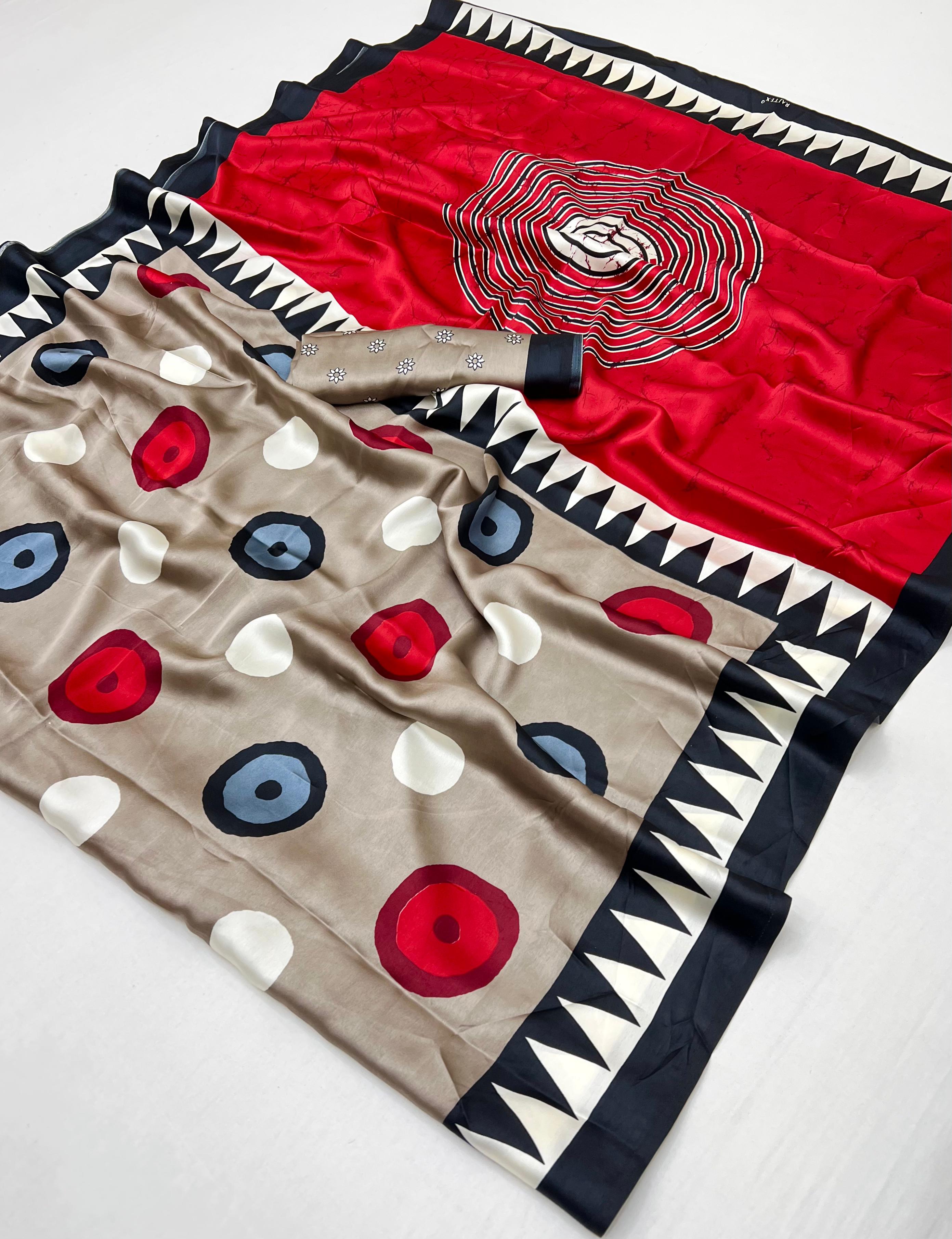 Grey Ajrakh Printed Satin Crepe Silk Saree ##color## Japan Satin Saree with premium fabric and embroidery