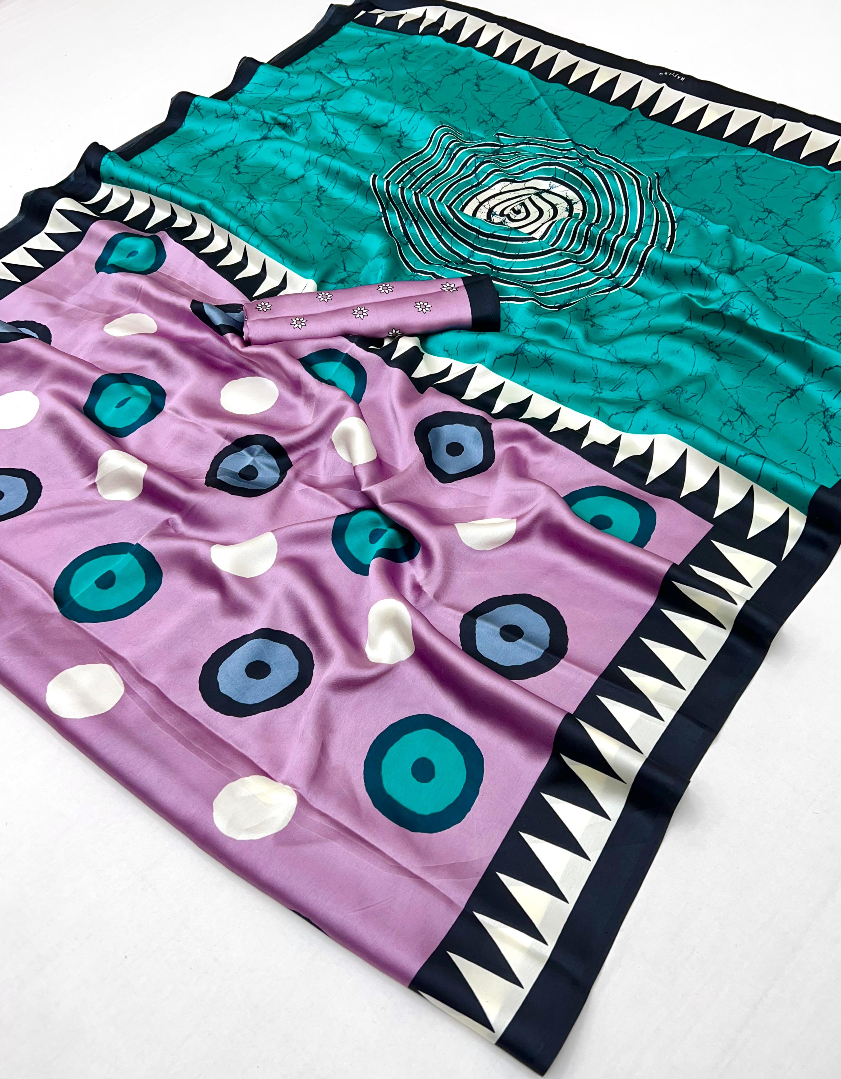 Thistle Purple Ajrakh Printed Satin Crepe Silk Saree ##color## Japan Satin Saree with premium fabric and embroidery