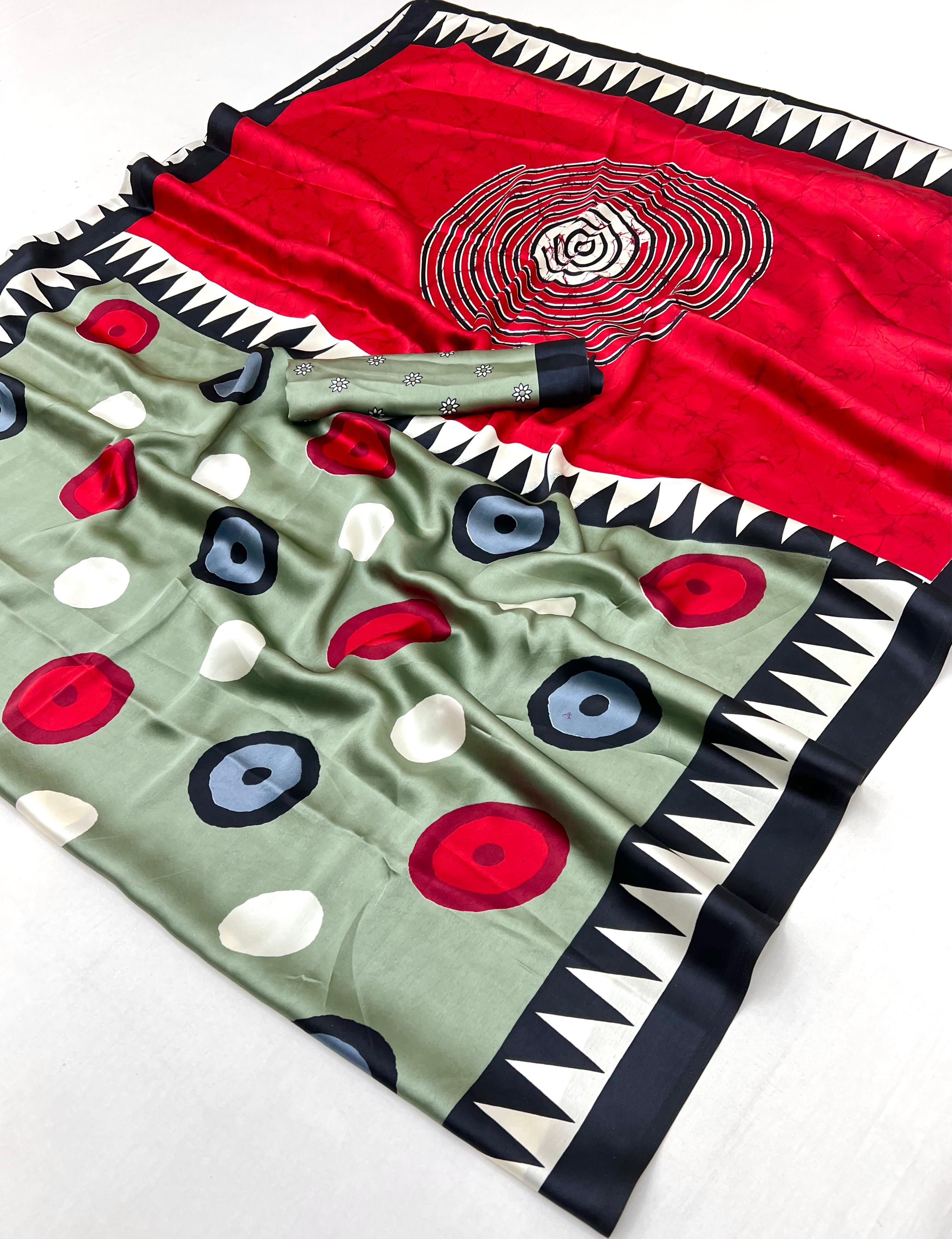 Green Ajrakh Printed Satin Crepe Silk Saree ##color## Japan Satin Saree with premium fabric and embroidery