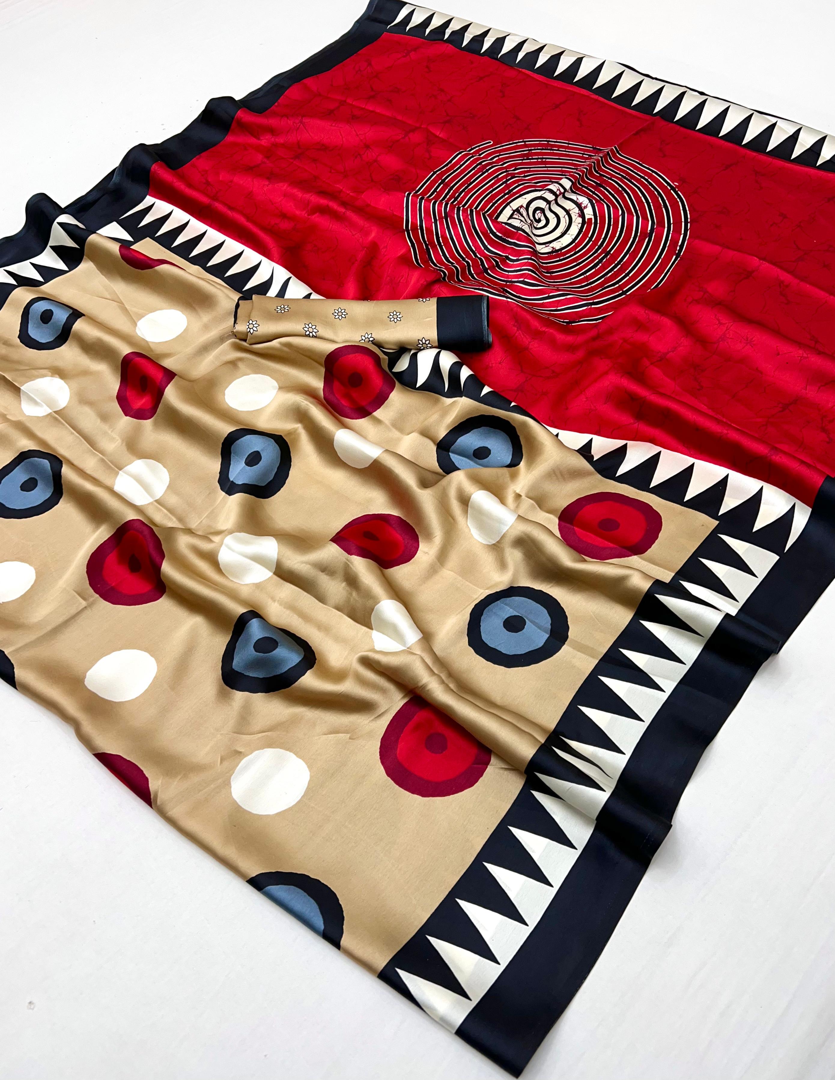 Brown Ajrakh Printed Satin Crepe Silk Saree ##color## Japan Satin Saree with premium fabric and embroidery