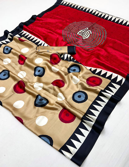 Brown Ajrakh Printed Satin Crepe Silk Saree 