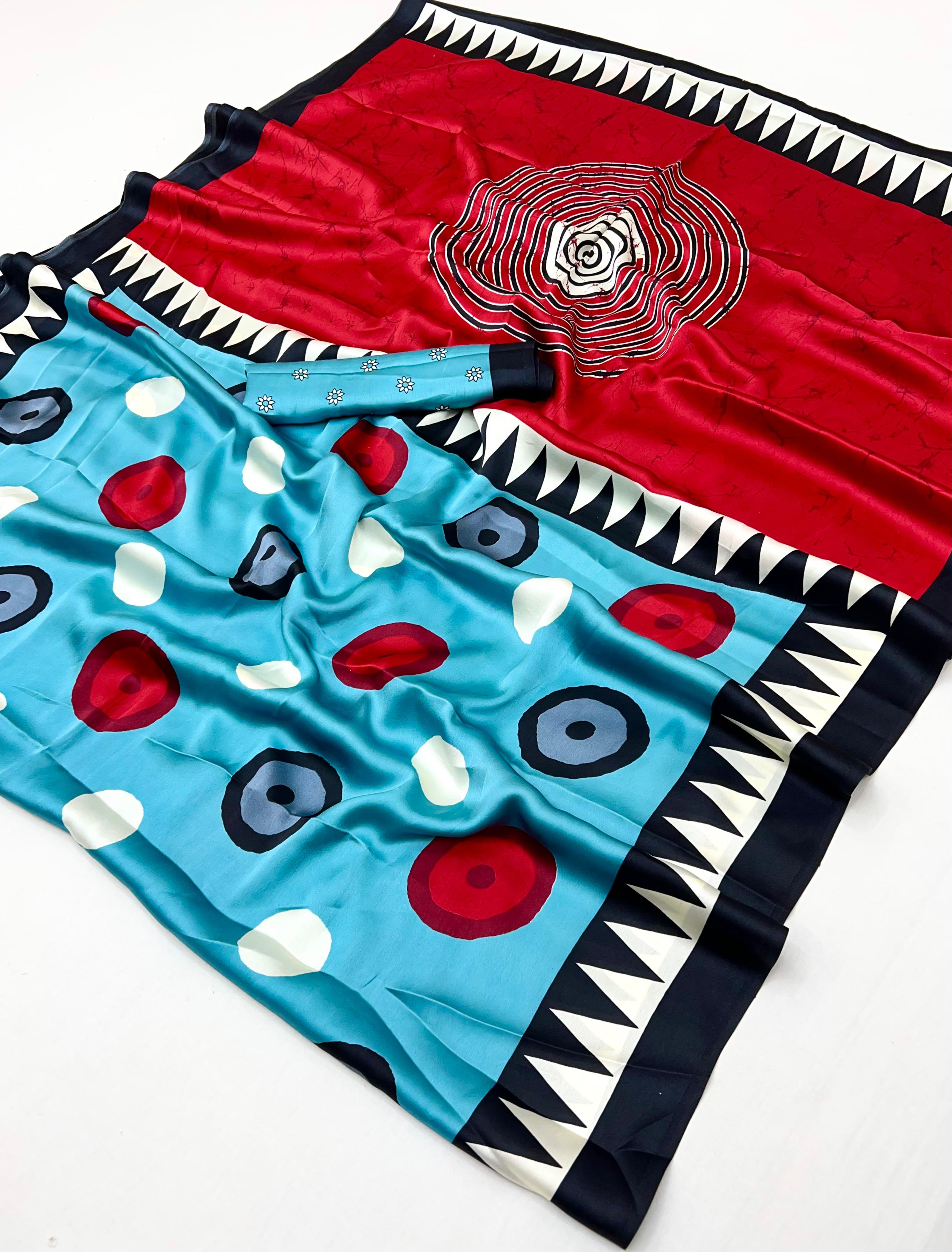 Blue Ajrakh Printed Satin Crepe Silk Saree ##color## Japan Satin Saree with premium fabric and embroidery