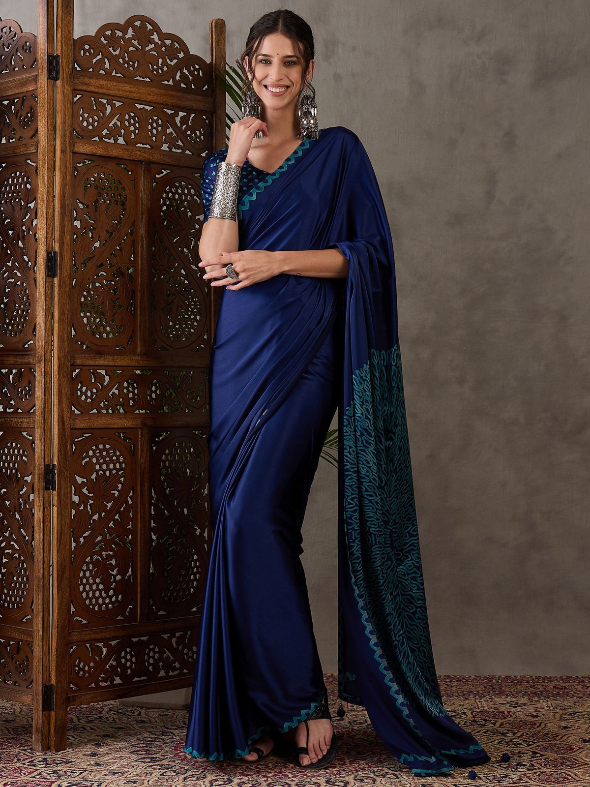 Blue Pure Gaji Silk Satin Printed Saree