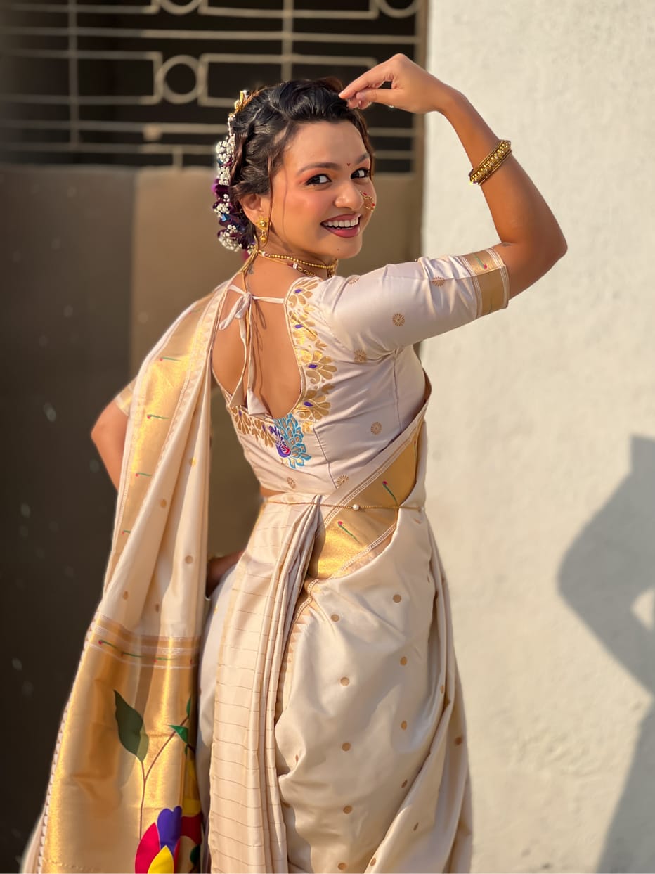 White Wedding Special Nauvari Paithani Soft Silk Saree ##color## Paithani Saree with premium fabric and embroidery