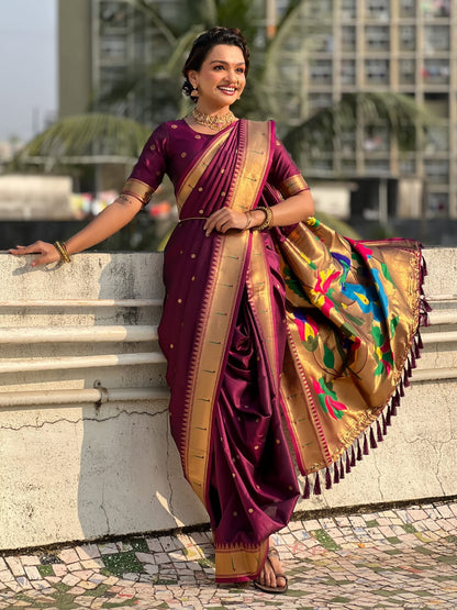 Wine Wedding Special Nauvari Paithani Soft Silk Saree 
