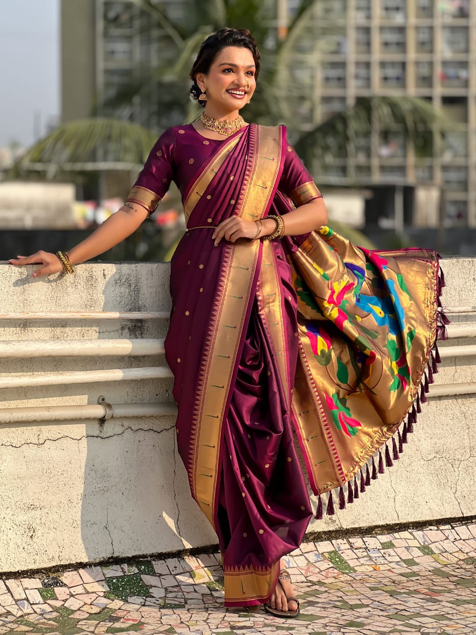 Wine Wedding Special Nauvari Paithani Soft Silk Saree ##color## Paithani Saree with premium fabric and embroidery
