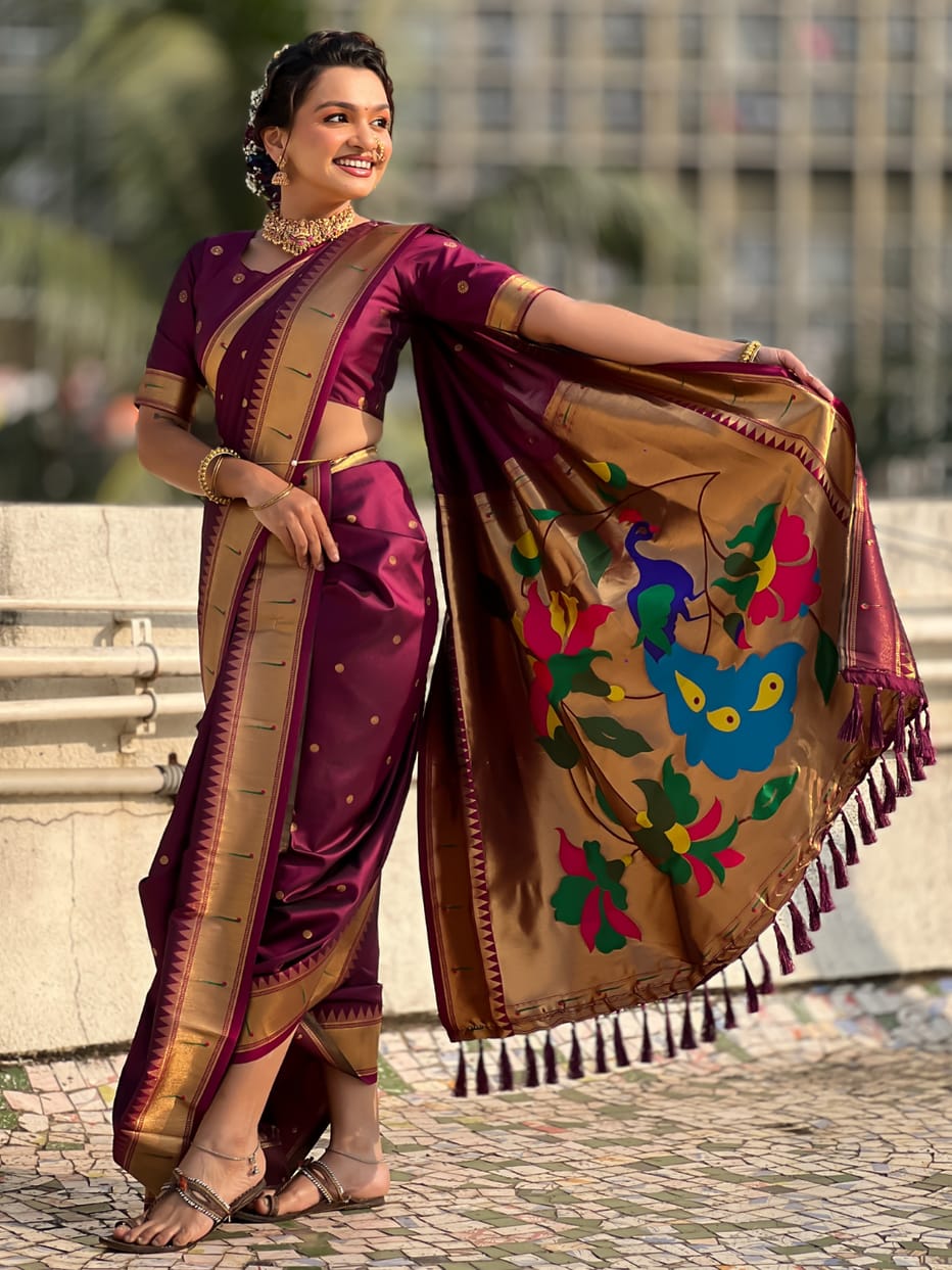 Wine Wedding Special Nauvari Paithani Soft Silk Saree 