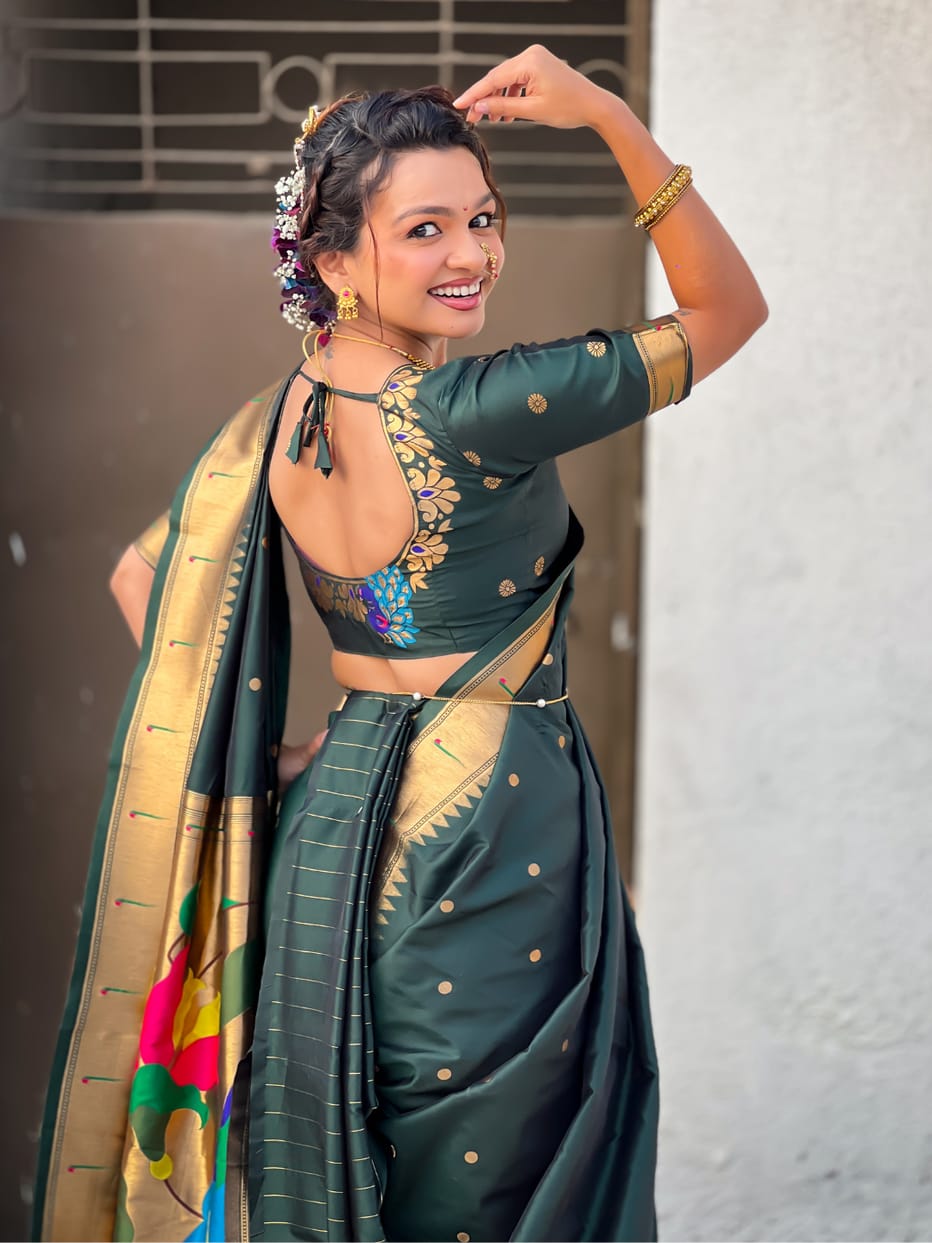 Bottle Green Wedding Special Nauvari Paithani Soft Silk Saree 