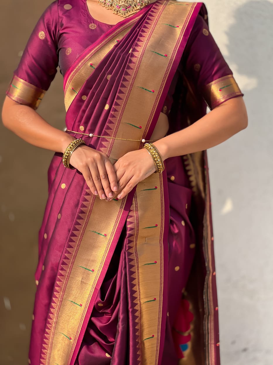 Wine Wedding Special Nauvari Paithani Soft Silk Saree ##color## Paithani Saree with premium fabric and embroidery