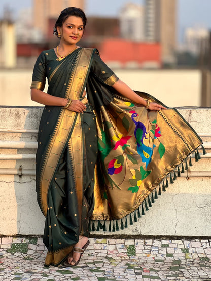 Bottle Green Wedding Special Nauvari Paithani Soft Silk Saree 