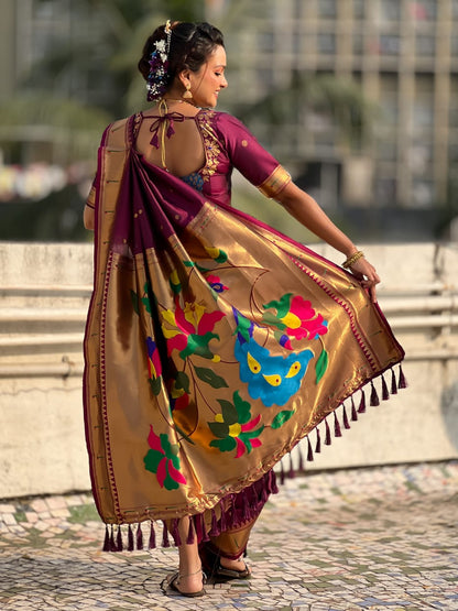Wine Wedding Special Nauvari Paithani Soft Silk Saree 